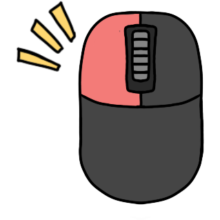 a grey computer mouse, with the left button light red, and three yellow action lines coming from the button.